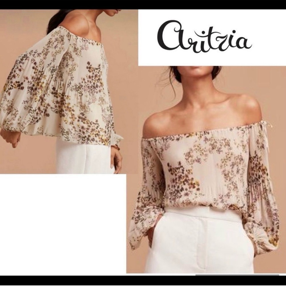 Aritzia Wilfred Talence pleated off shoulder blouse floral flower print cream XS